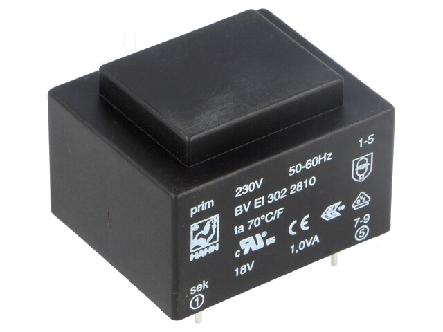 Transformator: ingegoten; 1VA; 230VAC; 18V; 56mA; PCB; BVEI Transformator: ingegoten; 1VA; 230VAC; 18V; 56mA; PCB; BVEI